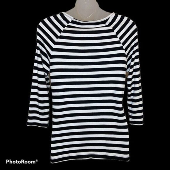 Sharagano Black & White Striped Lace Up Top Size Small - Picture 2 of 5